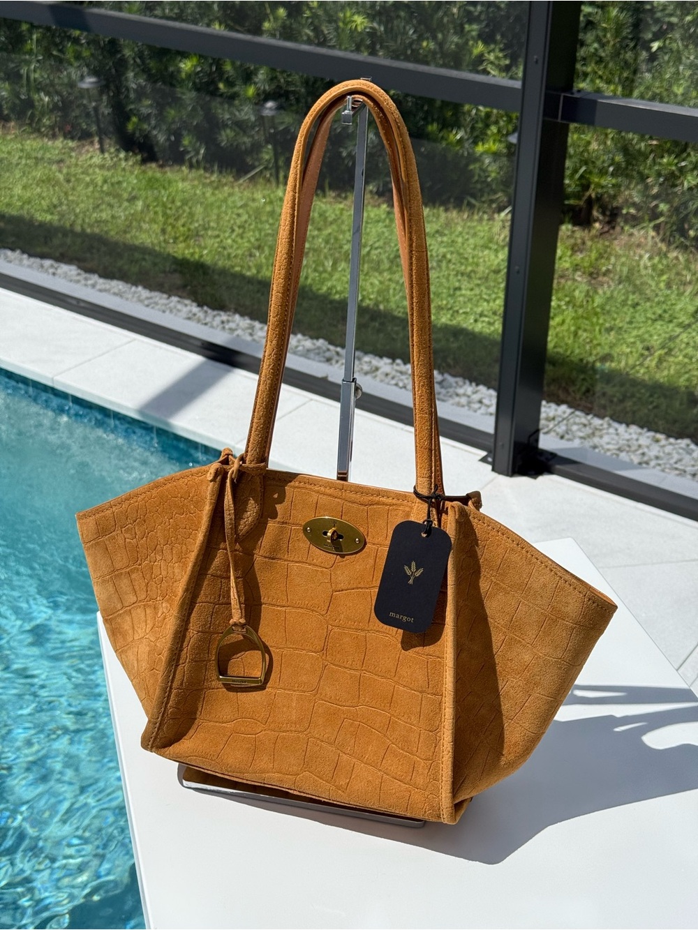 Margot cognac croc embossed suede tote gold turn lock shoulder strap NWT